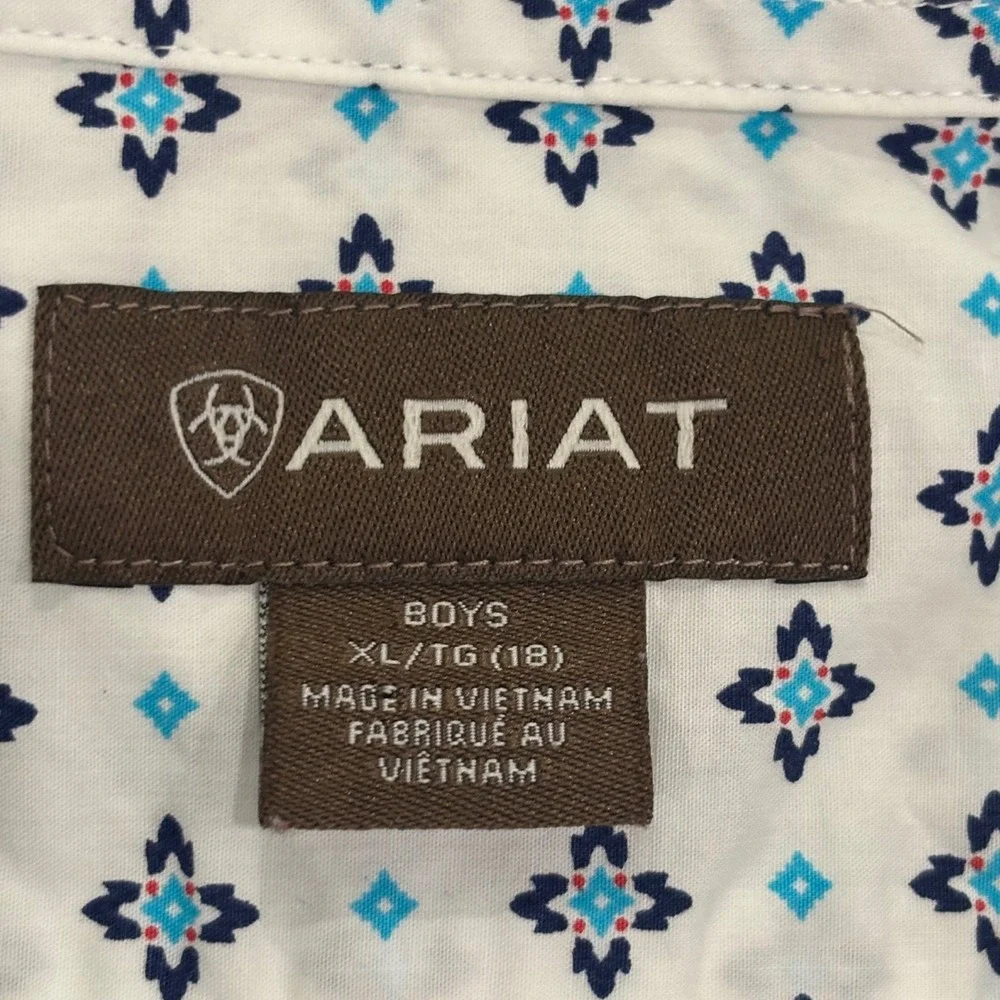 Ariat Boys Perseus CAV Short Sleeve Button Down Shirt Blue White XL 18 10042695